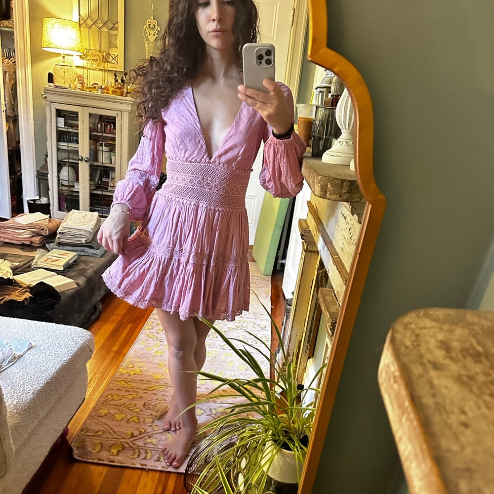 Crochet pink and partial sheer FP DRESS deep v